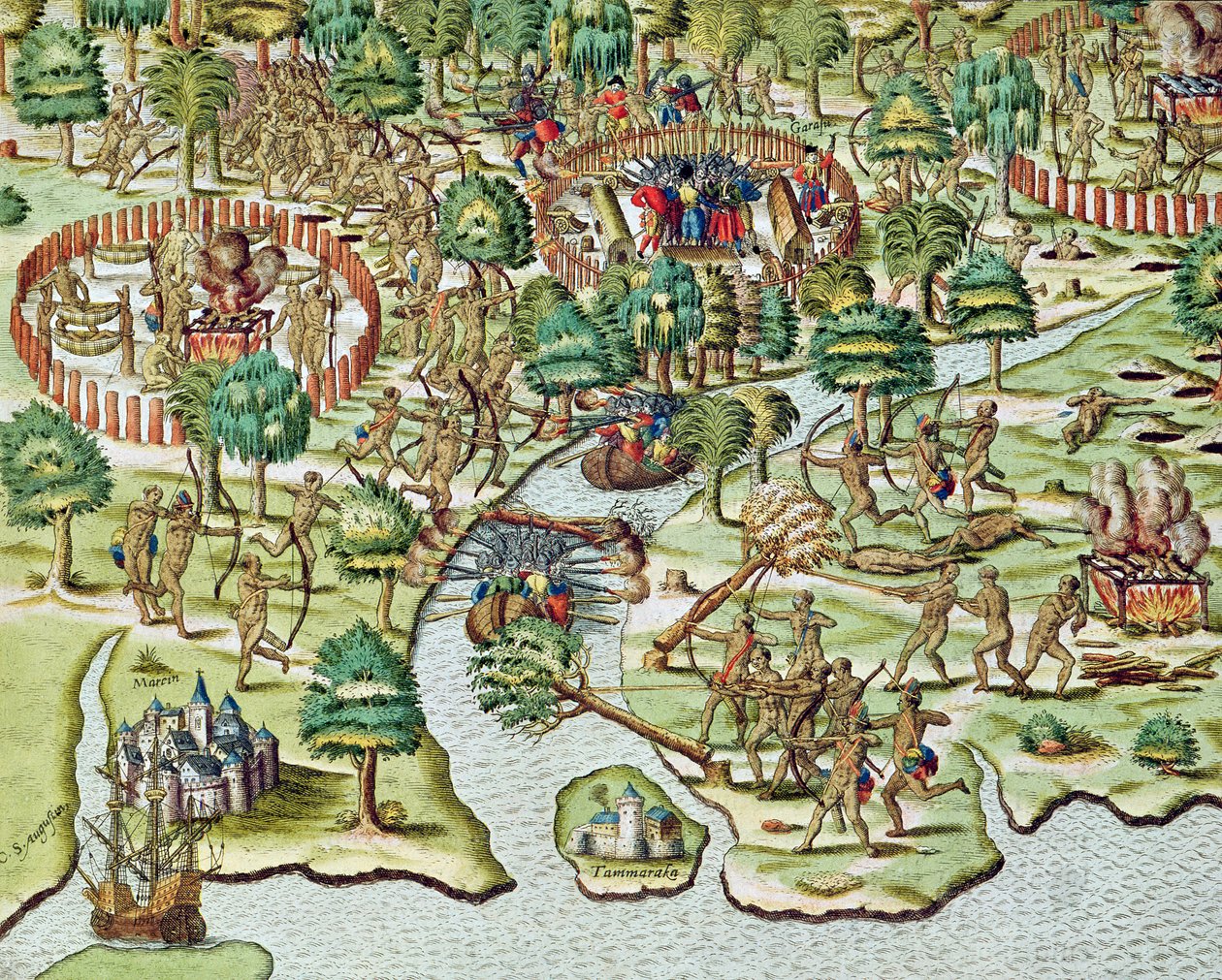 Piiritys- ja hyökkäysmenetelmät, teoksesta "Americae Tertia Pars...", 1592. tekijältä Theodore de Bry