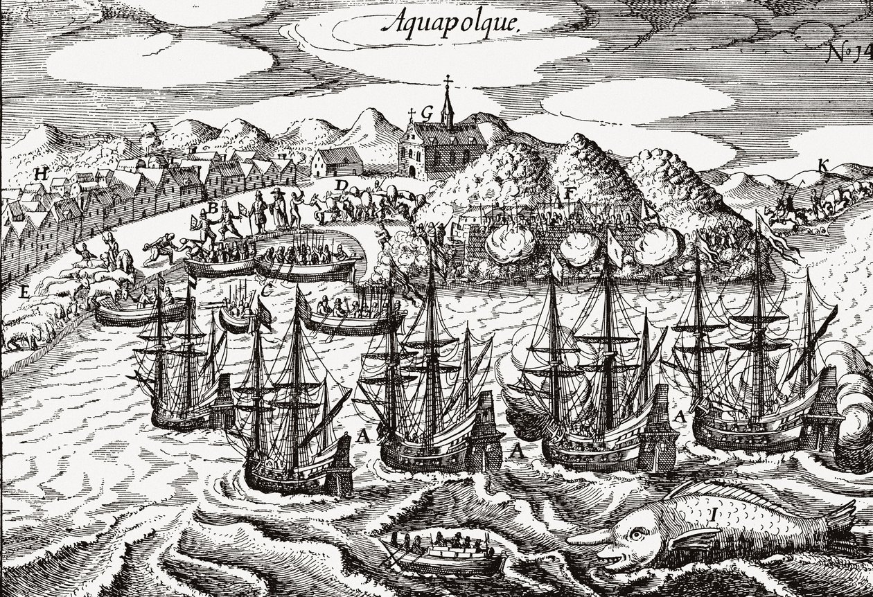 Meksiko, Acapulcon näkymä - Meksiko (Aquapolque), Theodore de Bry, n. 1630. Varhainen näkemys Acapulcon siirtomaa-asunnosta, jota espanjalaiset käyttivät pääsatamana Tyynenmeren kauppaansa Filippiinien kanssa. Satama on täynnä galleoneja ja laaria tekijältä Theodore de Bry