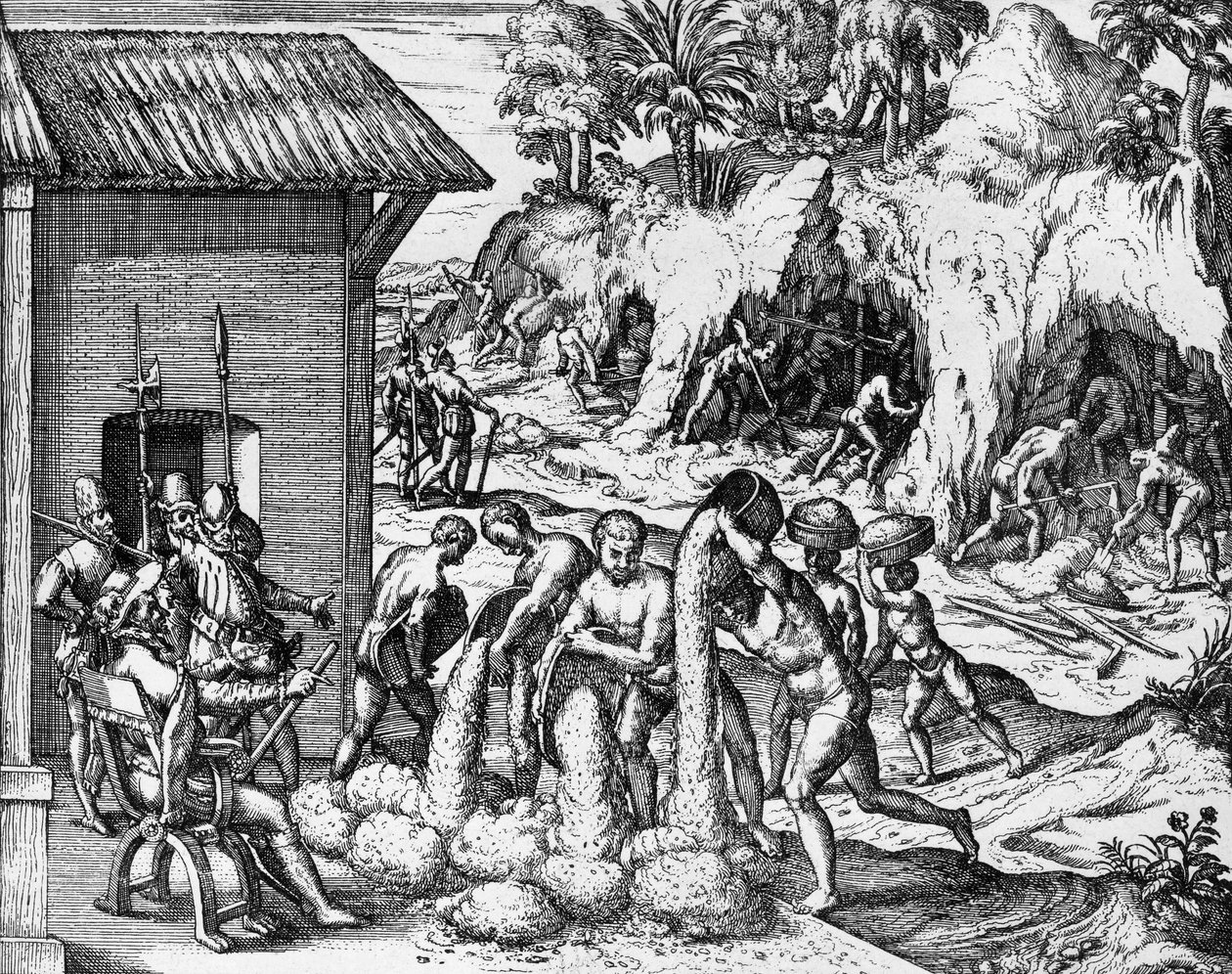 Mineraalien louhinta Keski- ja Etelä-Amerikassa, kaiverrus Americae pars V:stä, kirjoittanut Theodor de Bry (1561-1623) tekijältä Theodore de Bry