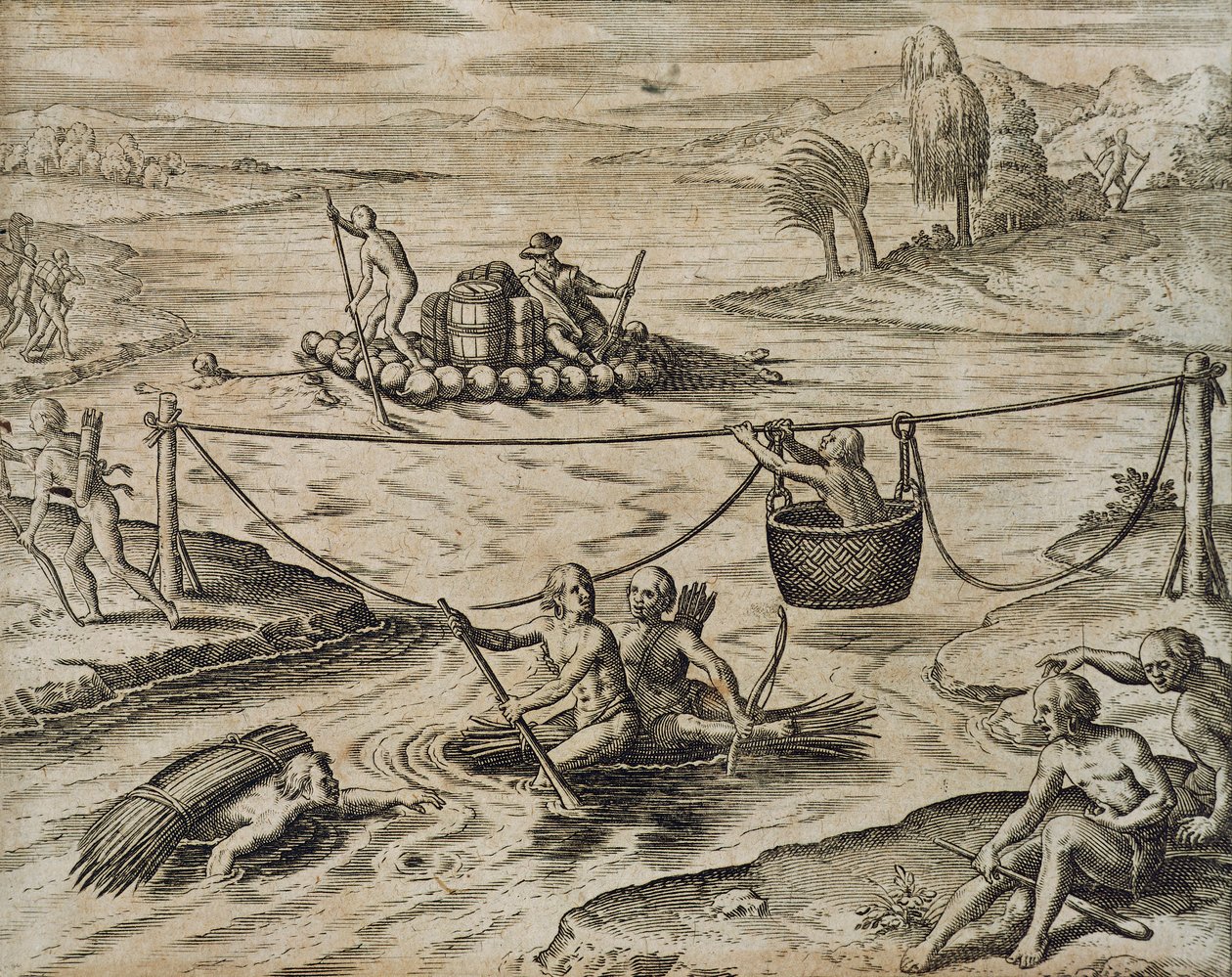 Alkuperäisen Amerikan intiaanit menevät alas joelle Rapids, kirjoittanut Theodore de Bry tekijältä Theodore de Bry