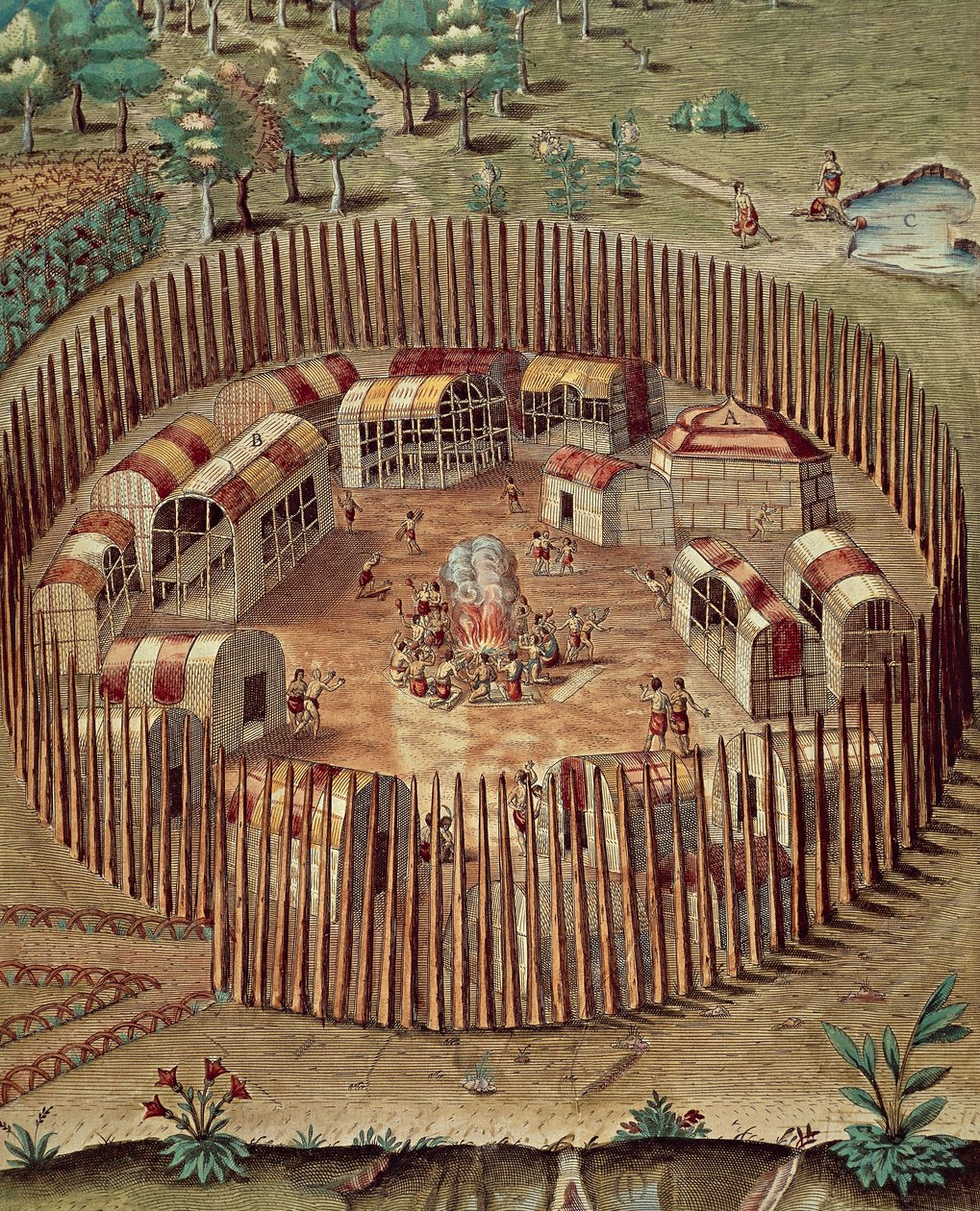 Native American linnoitettu kylä Virginiassa tekijältä Theodore de Bry