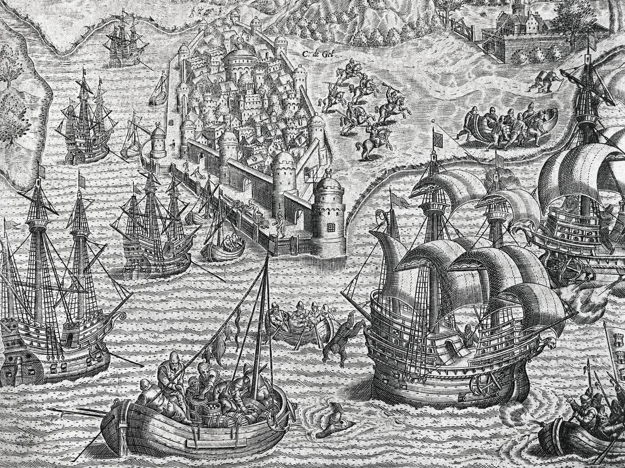 Meritaistelu, Theodore de Bryn (1528-1598) kaiverrus Amerikan historiasta, Frankfurt tekijältä Theodore de Bry