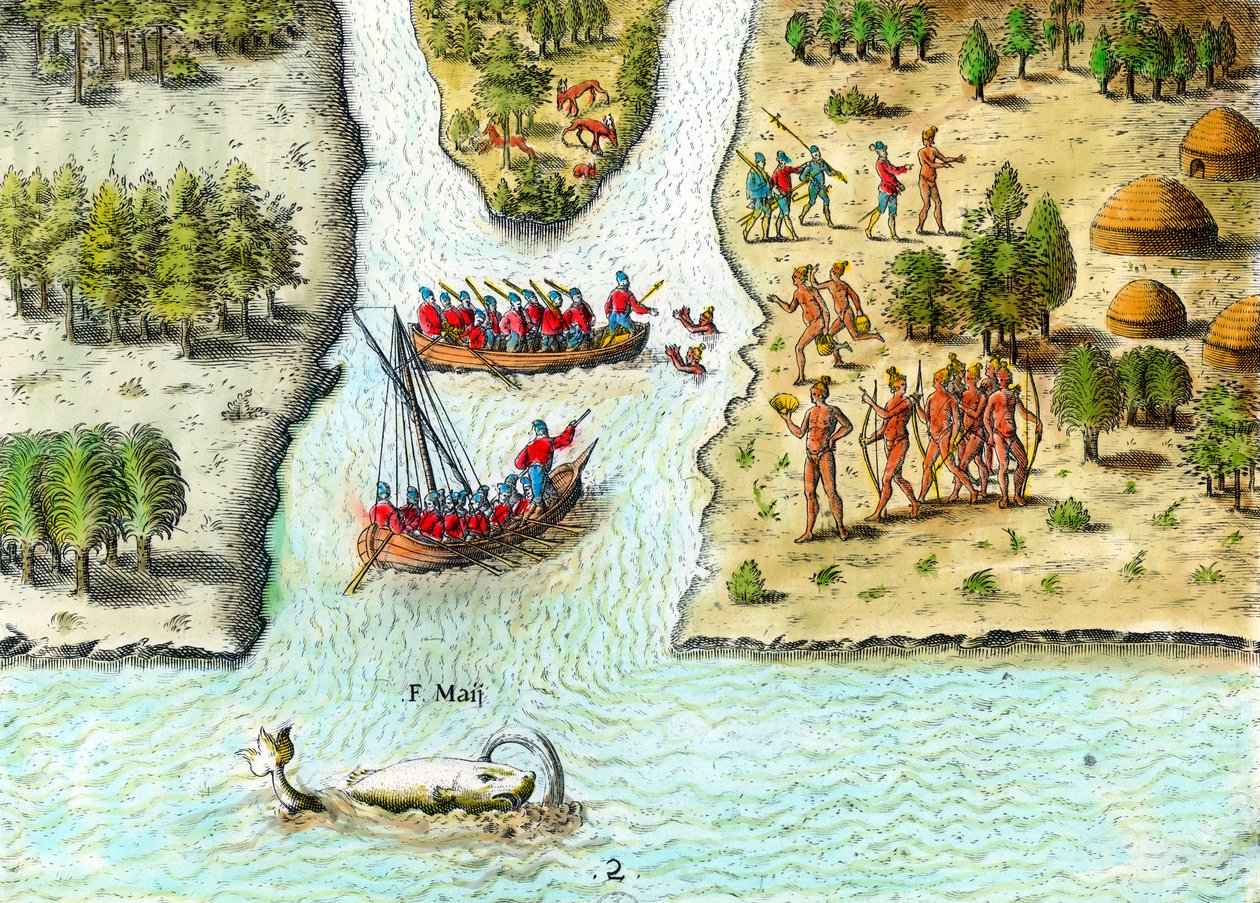 Ranskalaisten merenkulku Etelä-Amerikassa 1500-luvulla”. Valas on edustettuna. Kaiverrus Theodore De Bryn (1528-1598) "Amerikan historiasta" 1500-luvun yksityinen kokoelma tekijältä Theodore de Bry