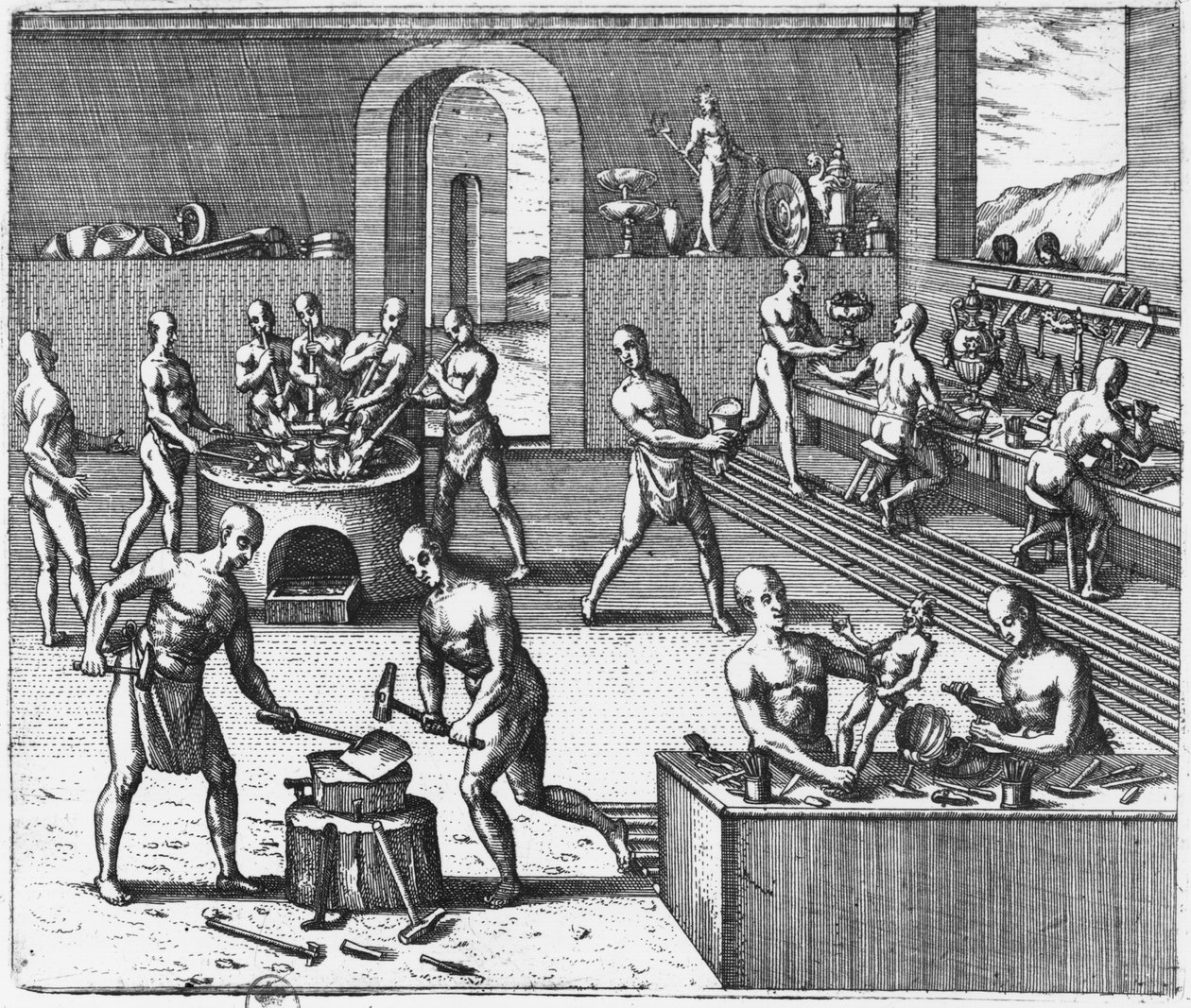 Perun kultasepät, "Americae Tertia Pars VI" (kaiverrus) (m/w kuva) tekijältä Theodore de Bry