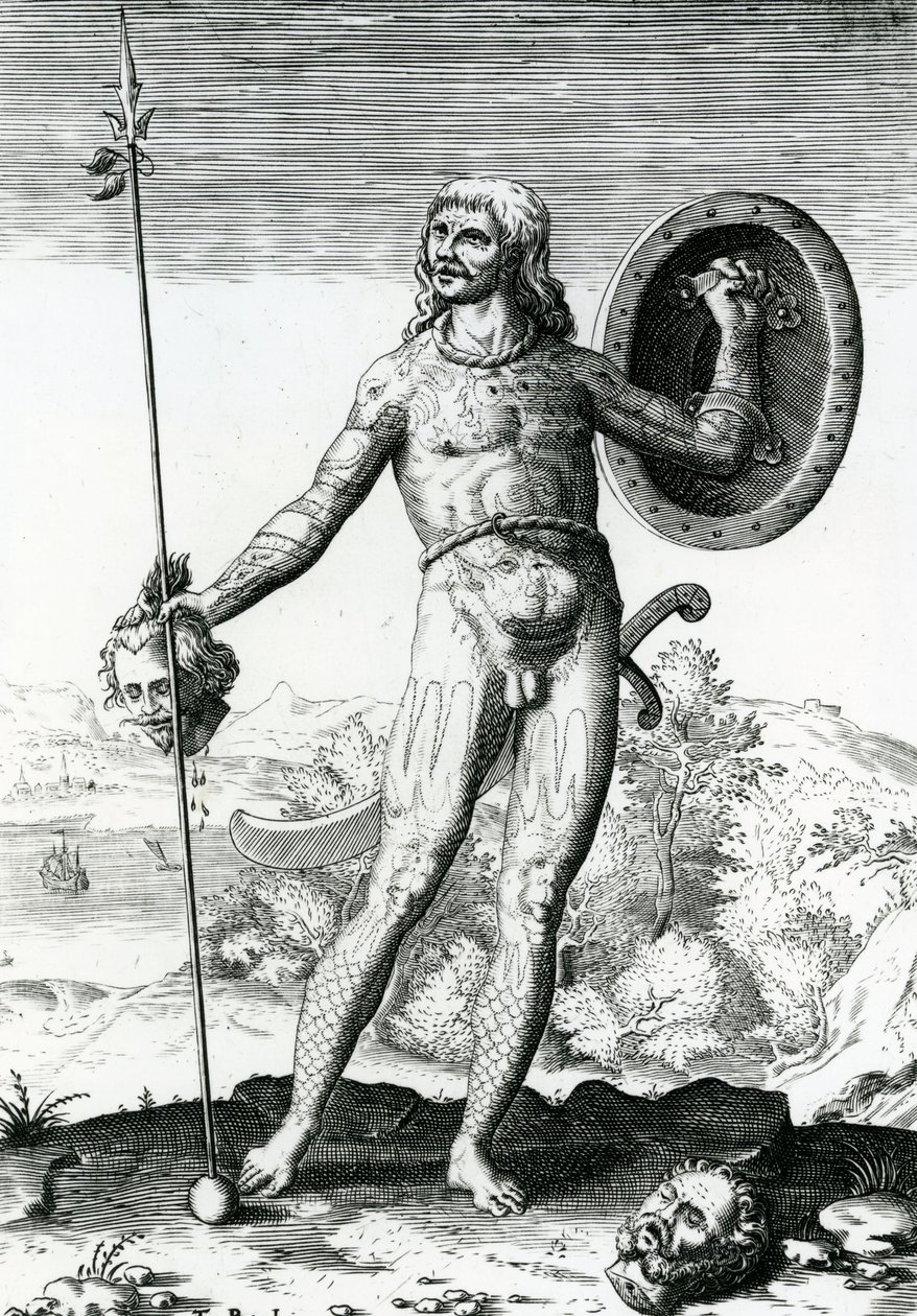 Pictish mies, jolla on ihmispää tekijältä Theodore de Bry