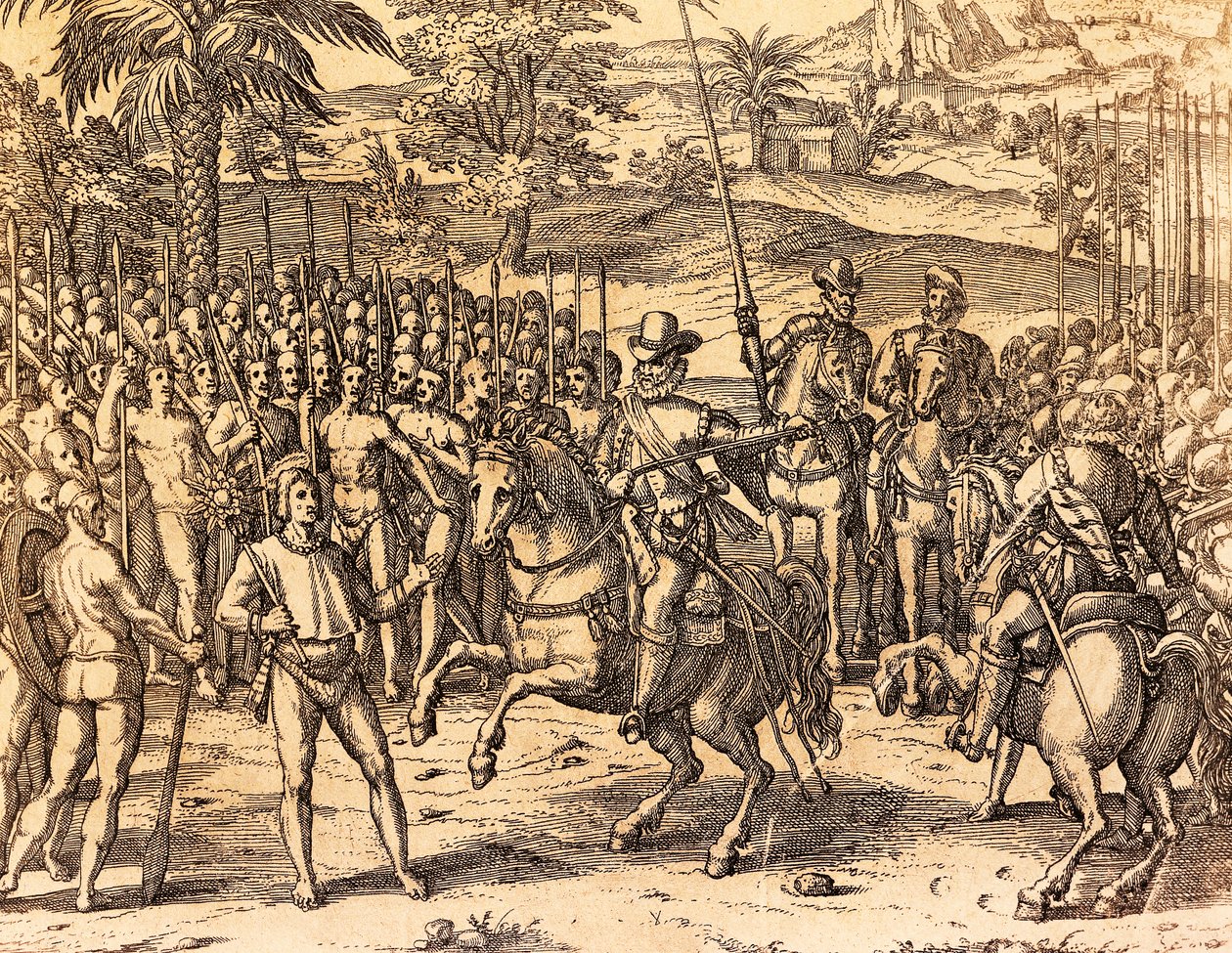 Alkuperäiset toivottavat Pizarron tervetulleeksi, Theodore de Bryn kuvitus Amerikan historiasta tekijältä Theodore de Bry
