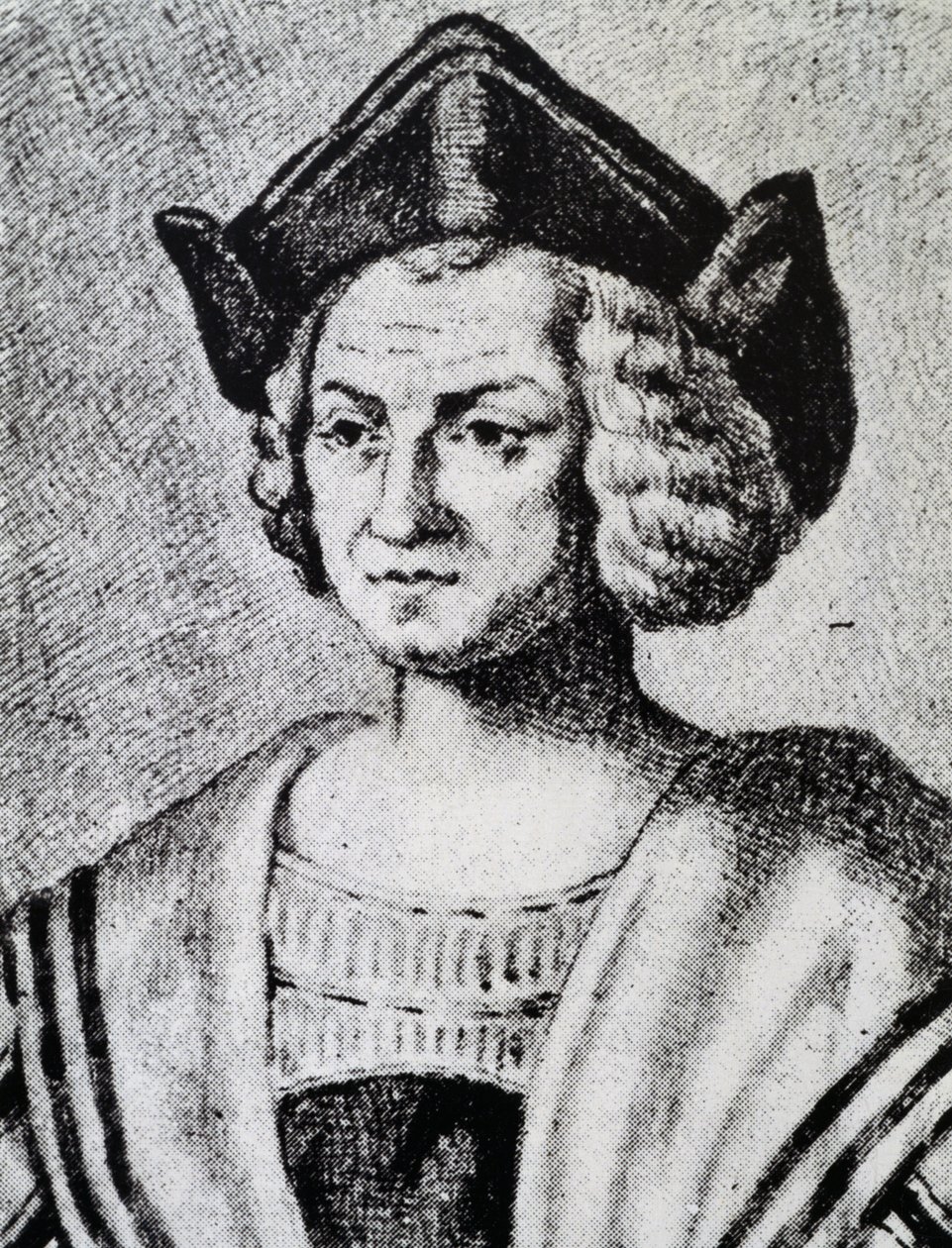 Kristoffer Kolumbuksen (1451-1506) muotokuva, Theodore de Bryn (1528-1598) kaiverrus. tekijältä Theodore de Bry