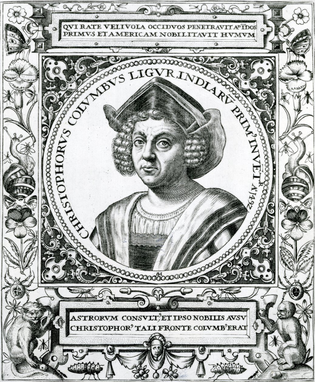 Muotokuva Christopher Columbuksesta (1451-1506) julkaisusta "The Narrative and Critical History of America", toimittanut Justin Winsor, Lontoo, 1886 tekijältä Theodore de Bry