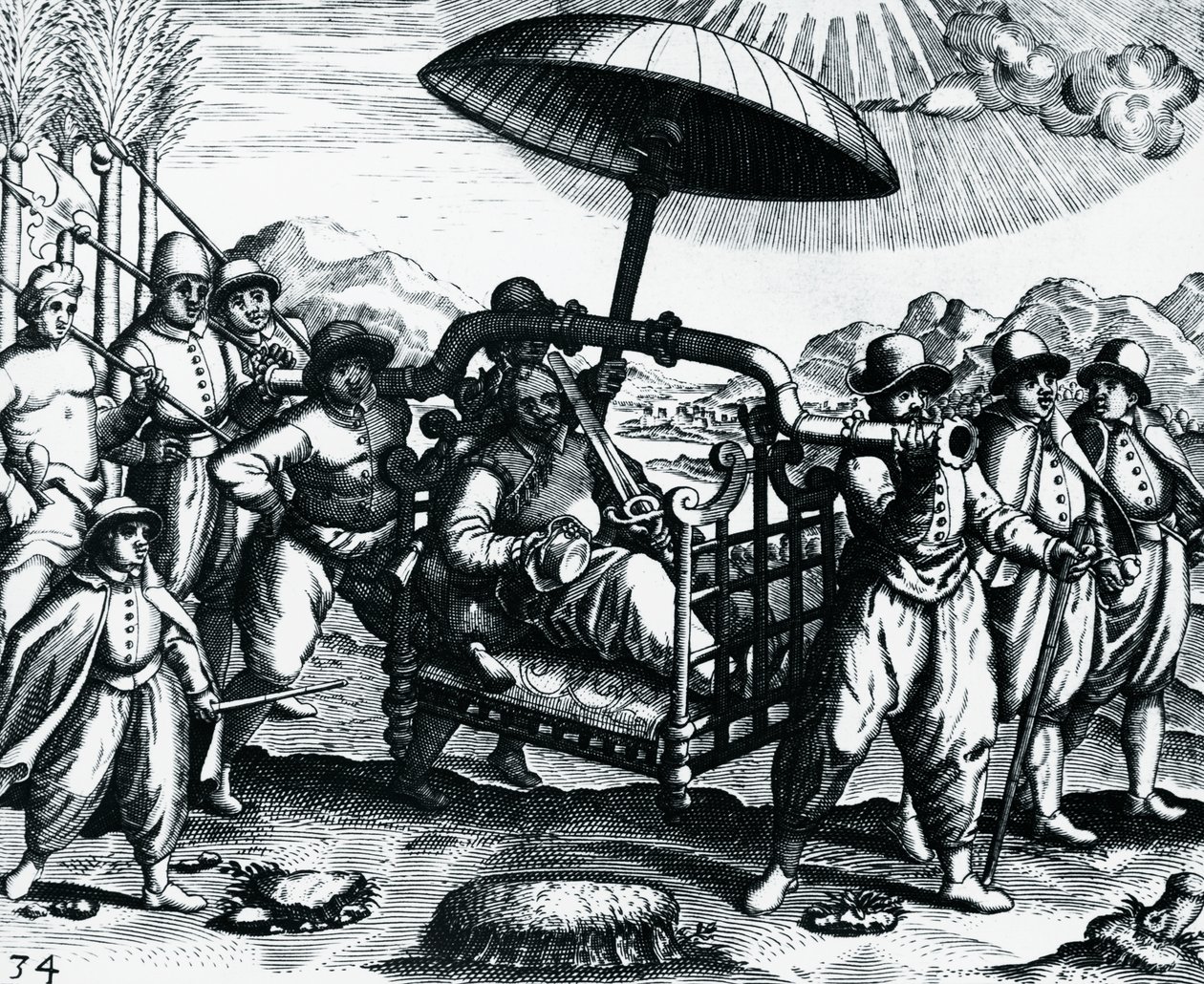 Portugali Intiassa, kuljetettu pentueen päällä, kaiverrus Peregrinationesista, Theodor de Bry (1528-1598), Intia tekijältä Theodore de Bry