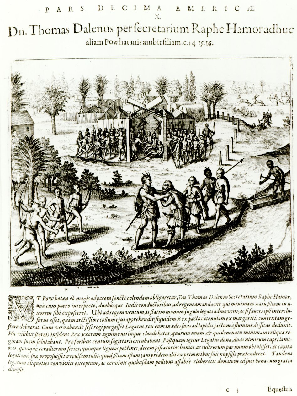 Ralph Hamor vierailee Powhatanissa, 1619 (kaiverrus) (bw kuva) tekijältä Theodore de Bry