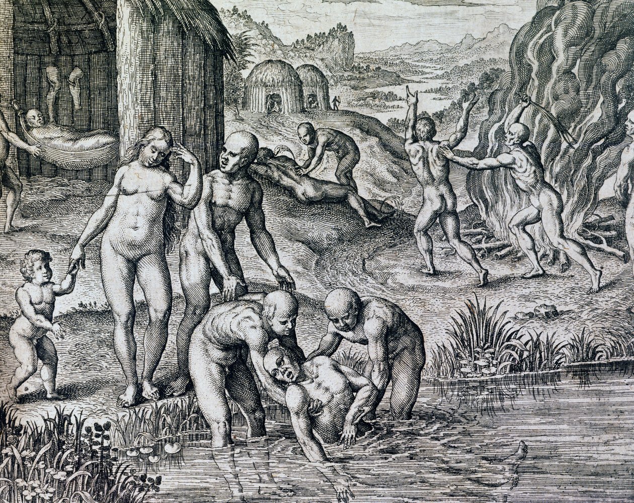 Alkuperäisten käyttämät lääkkeet sairauksia vastaan, kaiverrus Historia Americasta, kirjoittanut Theodor de Bry (1528-1598), Frankfurt tekijältä Theodore de Bry