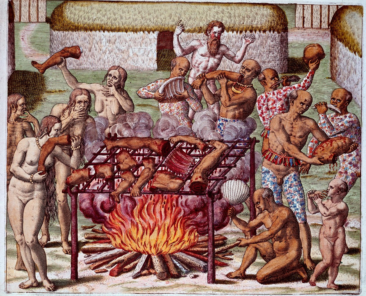 Kannibalismikohtaus Brasiliassa Intiaanit söivät vihollisiaan ja vankejaan. Kaiverrus teoksesta "Admirante Narratio Americae", kirjoittanut Theodore de Bry (1528-1598). tekijältä Theodore de Bry