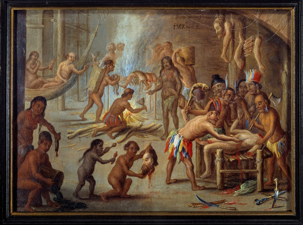 Kannibalismin kohtaus Brasiliassa vuonna 1644 Intiaanit söivät vihollisensa ja vanginsa. Jan van Kesselin maalaus dit le vieux
