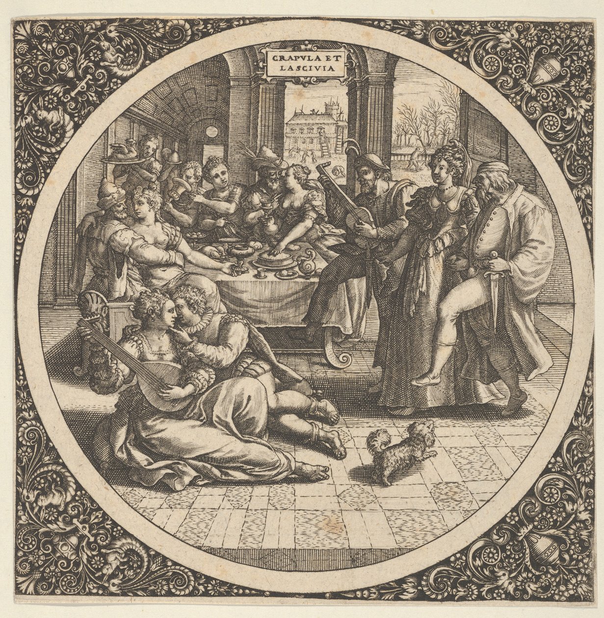 Kohtaus Galantsin kanssa banketissa ympyrässä keskellä, 1580-1600. tekijältä Theodore de Bry