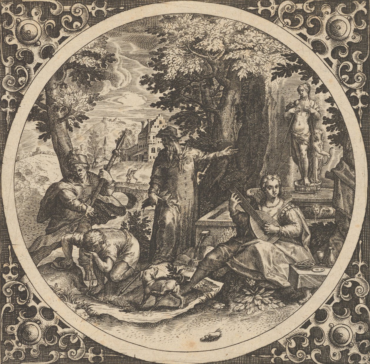 Kohtaus, jossa varoitus sukupuolitautia vastaan ympyrässä keskellä, 1580-1600. tekijältä Theodore de Bry