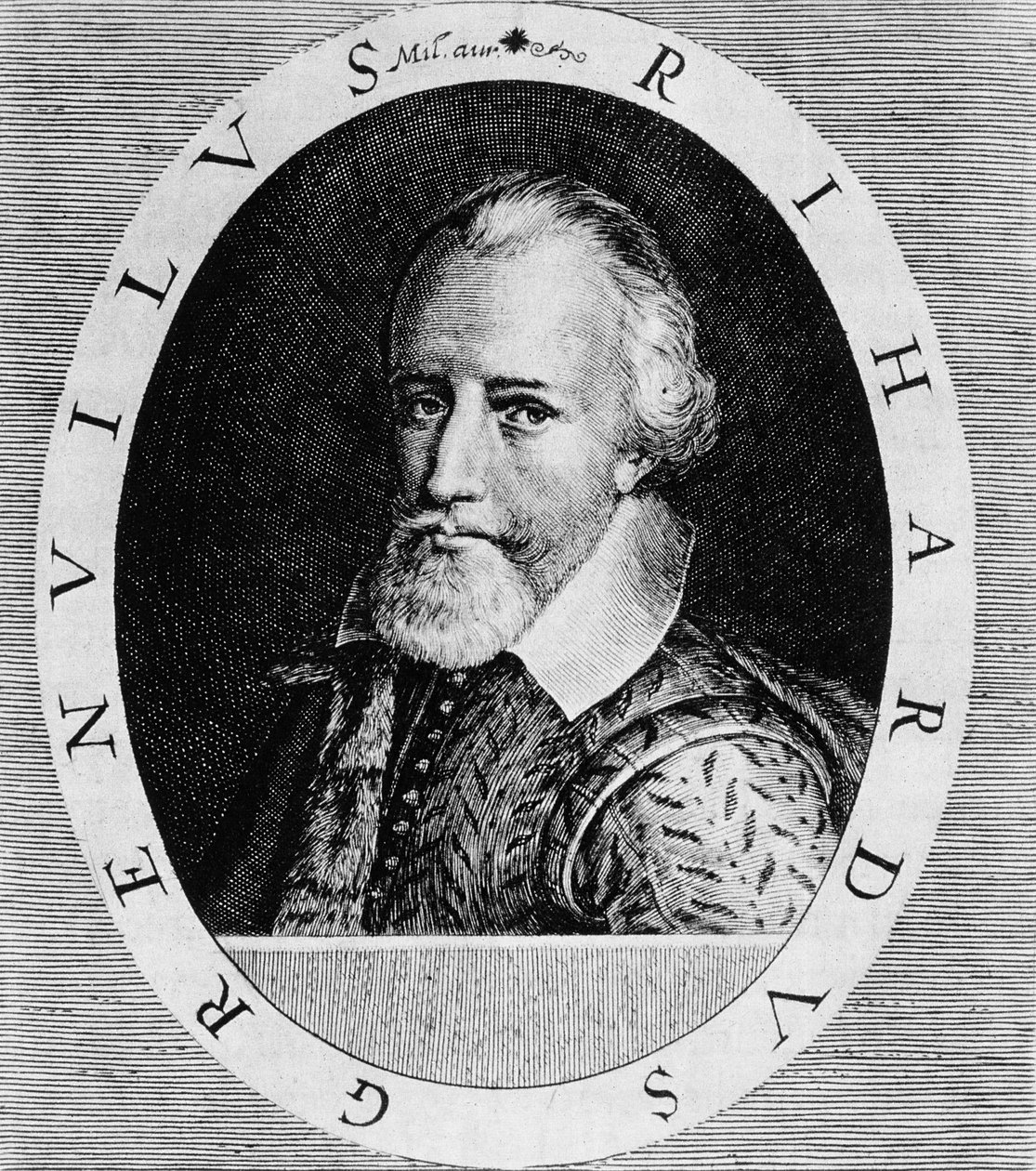 Sir Richard Grenville (n. 1541–1591), Johann Ludwig Gottfriedin teoksesta "Newe Welt und Americanische Historien", julkaisija Mattaeus Merian, Frankfurt, 1631 tekijältä Theodore de Bry
