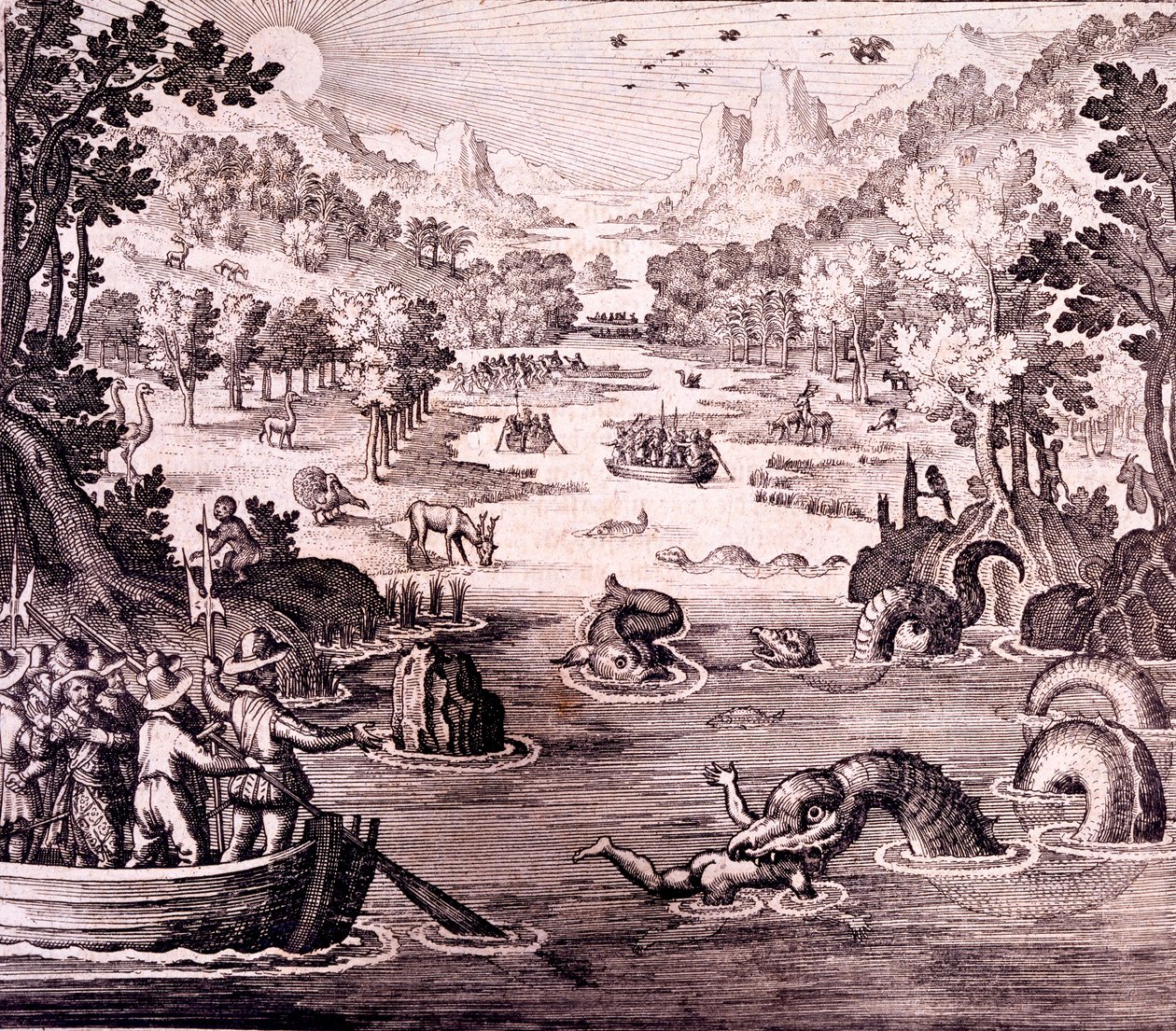 Sir Walter Raleigh: Guyanan suuren, rikkaan ja kauniin imperiumin löytö, Johann Ludwig Gottfriedin teoksesta Newe Weld un Americanische Historien, 1631 tekijältä Theodore de Bry