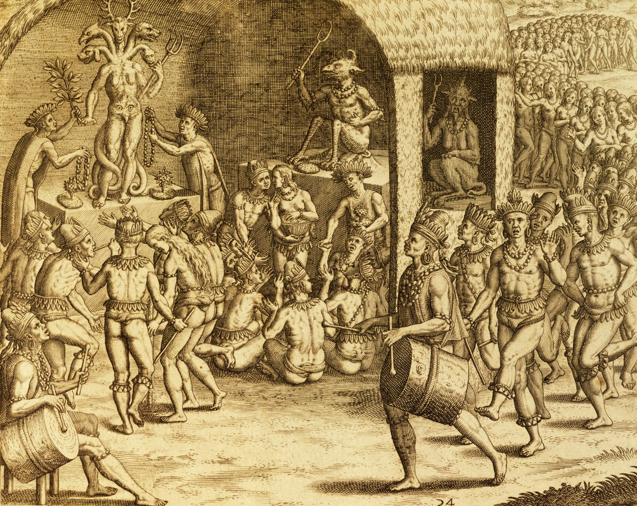 Etelä-Amerikan alkuperäiskansojen uskonnollinen riitti, kaiverrus Historia americaesta, Theodor de Bry (1528-1598), Frankfurt tekijältä Theodore de Bry
