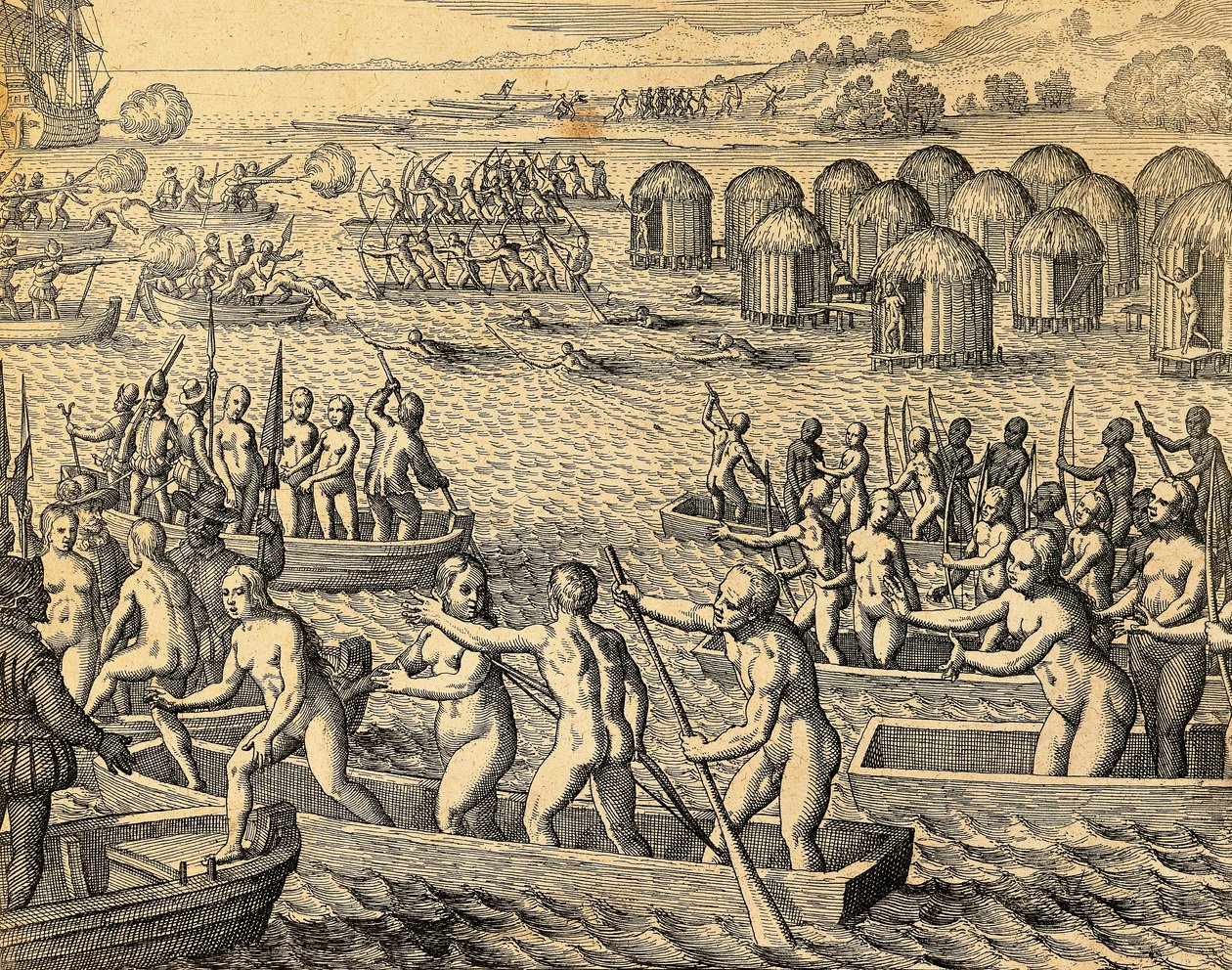 Etelä-Amerikan alkuperäisasukkaat hyökkäävät valloittajien laivoja vastaan tekijältä Theodore de Bry