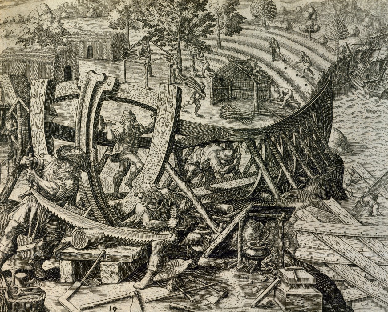 Espanjalaiset merimiehet rakentavat karavelleja, kaiverrus Historia Americaesta, kirjoittanut Theodor de Bry (1528-1598) tekijältä Theodore de Bry
