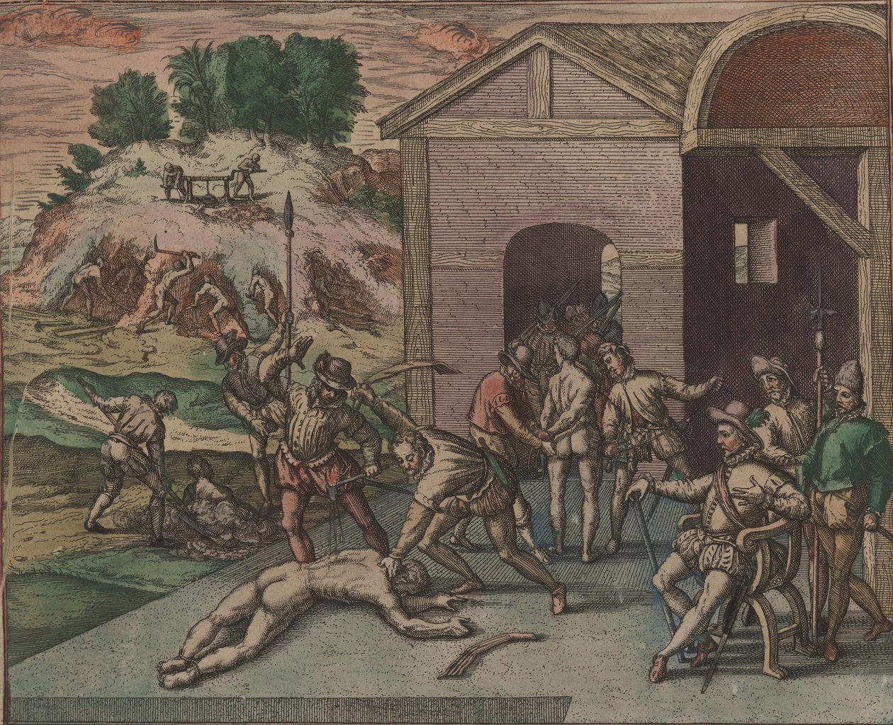 Espanjalaiset sotilaat tarkkailevat ja panevat täytäntöön orjan rangaistuksen, 1595. tekijältä Theodore de Bry
