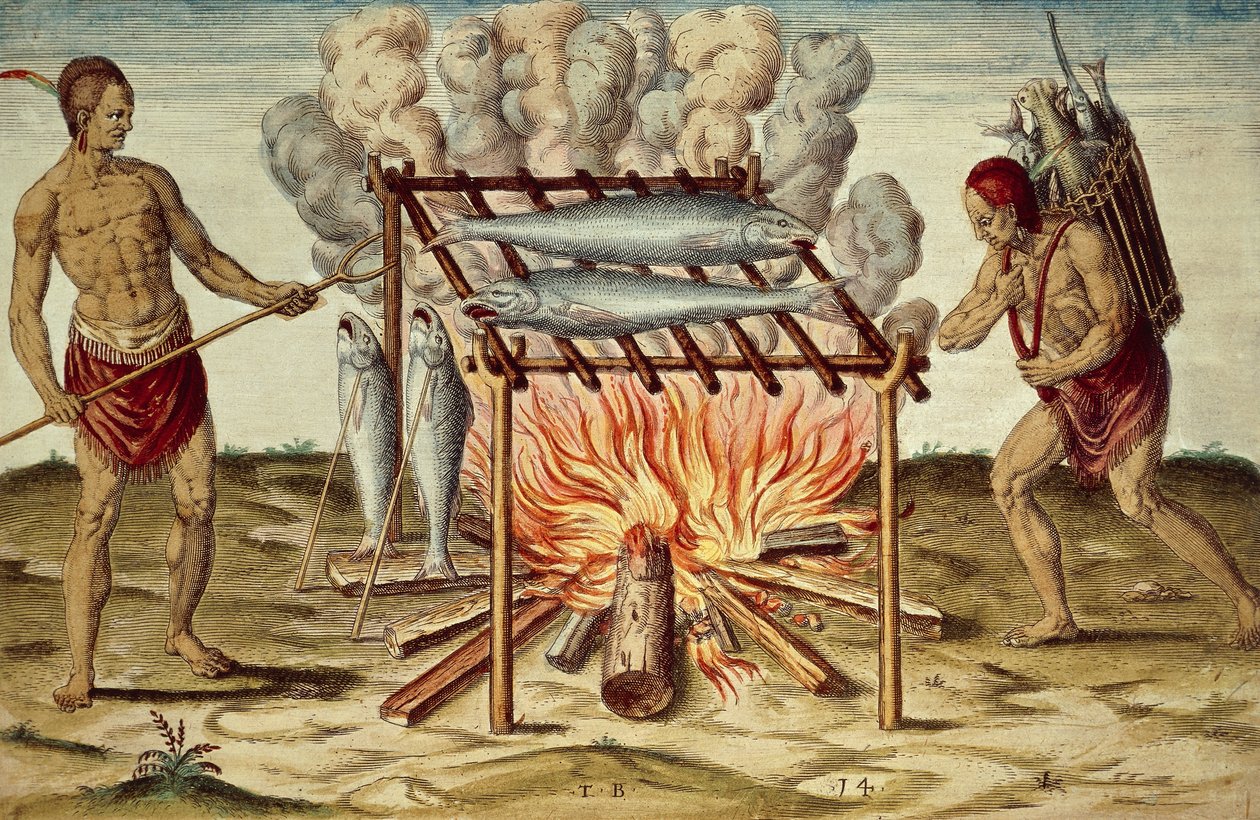 Tainolaiset paistamassa kalaa, värikaiverrus Theodor de Bry (1528-1598) John Whiten maalauksesta, Lyhyt ja tosi raportti Virginian uudesta maasta tekijältä Theodore de Bry
