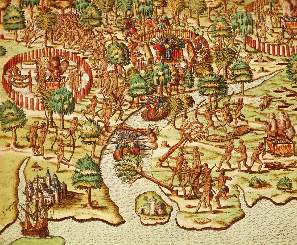 Piirityksen ja hyökkäyksen tekniikat, kaiverrus Theodor de Bry (1528-1598), kotoisin Americae tertia pars tekijältä Theodore de Bry