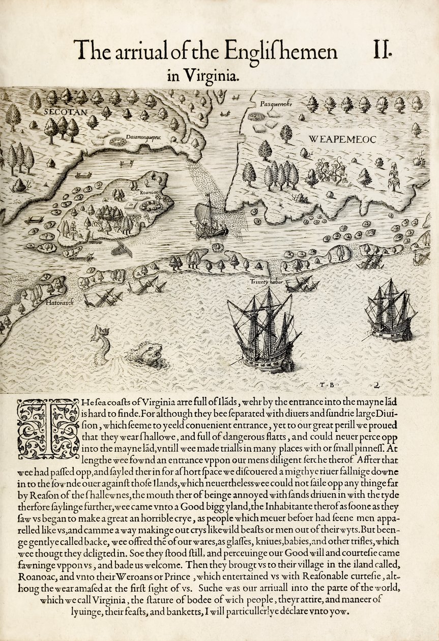 "Englantilaisten saapuminen Virginiaan", Thomas Harriotin "A Briefe and True Report of the New Found Land of Virginia" (kaiverrus) tekijältä Theodore de Bry