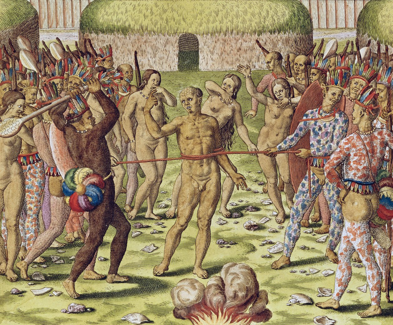 Topinambous-intiaanien vihollisen teloitus, 1562 tekijältä Theodore de Bry