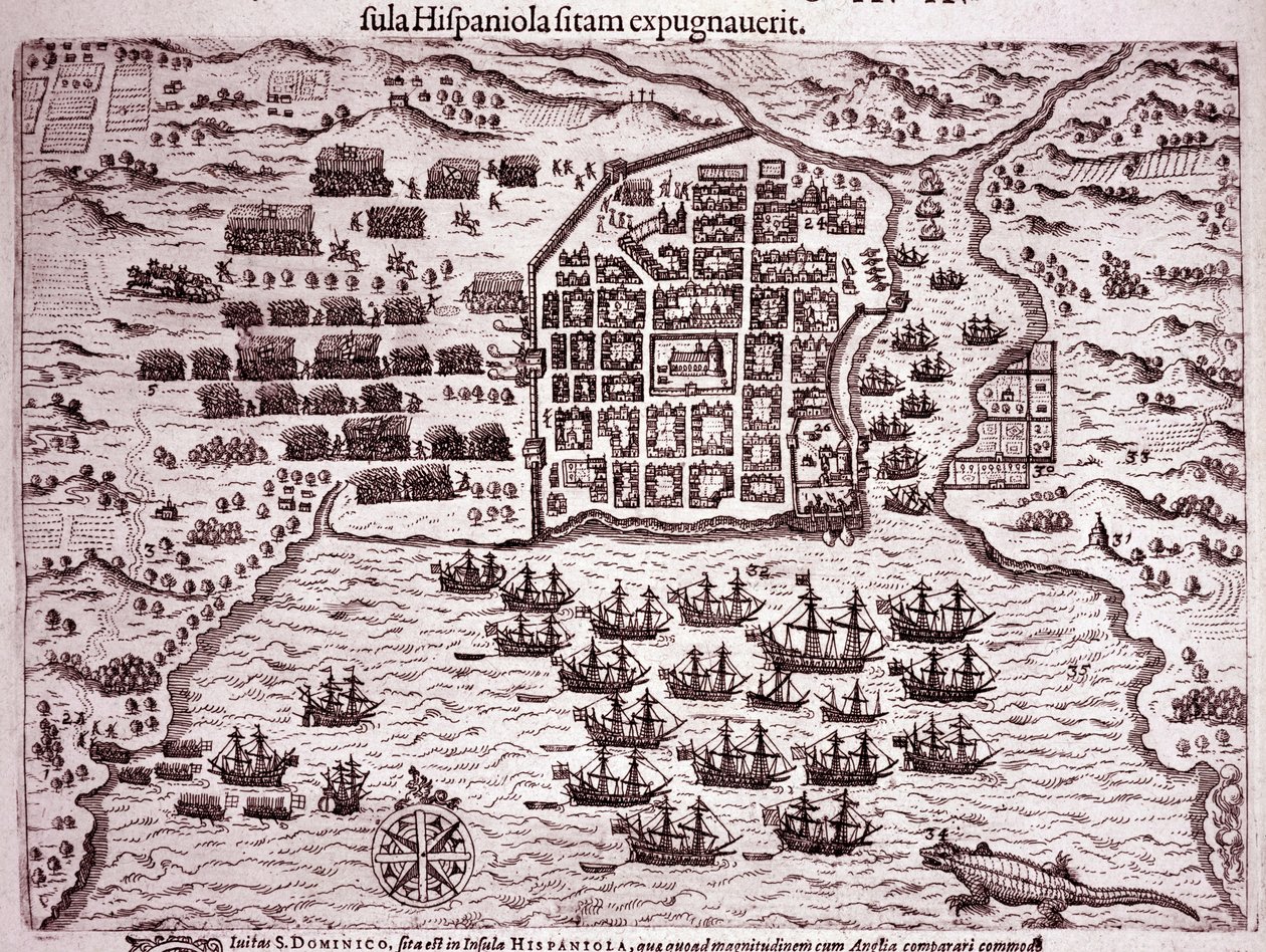 Francis Draken laivasto miehittää Santo Domingon saaren (kaiverrus tekijältä Theodore de Bry
