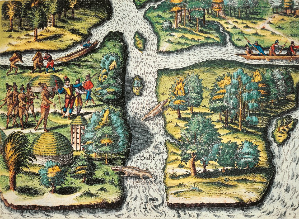 Ranskalaiset auttavat alkuasukkaita saamaan ruokaa tekijältä Theodore de Bry