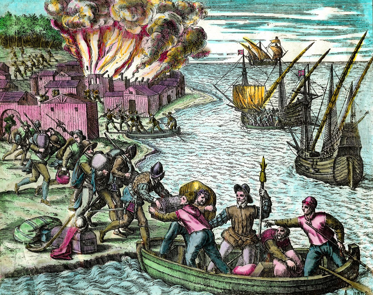 Ranskalaiset ryöstävät ja polttavat kaupungin Chioreranin kaiverrus Theodore de Bryn (1528-1598) 1500-luvun yksityiskokoelmasta "Amerikan historiasta" tekijältä Theodore de Bry