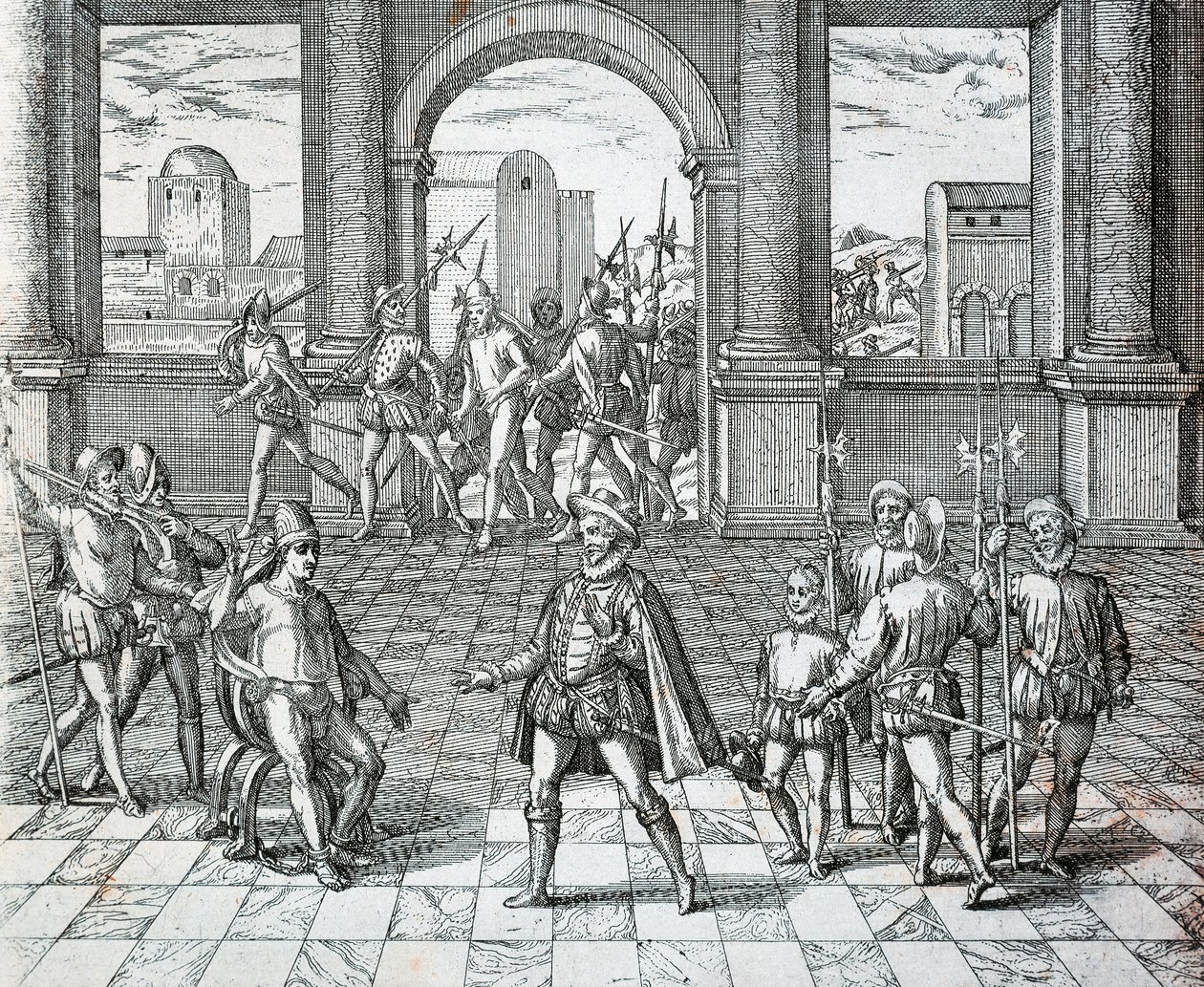 Inkakuningas Atahualpa joutui espanjalaisten vangiksi Cajamarcassa, Theodore de Bryn kuvitus Amerikan historiasta tekijältä Theodore de Bry