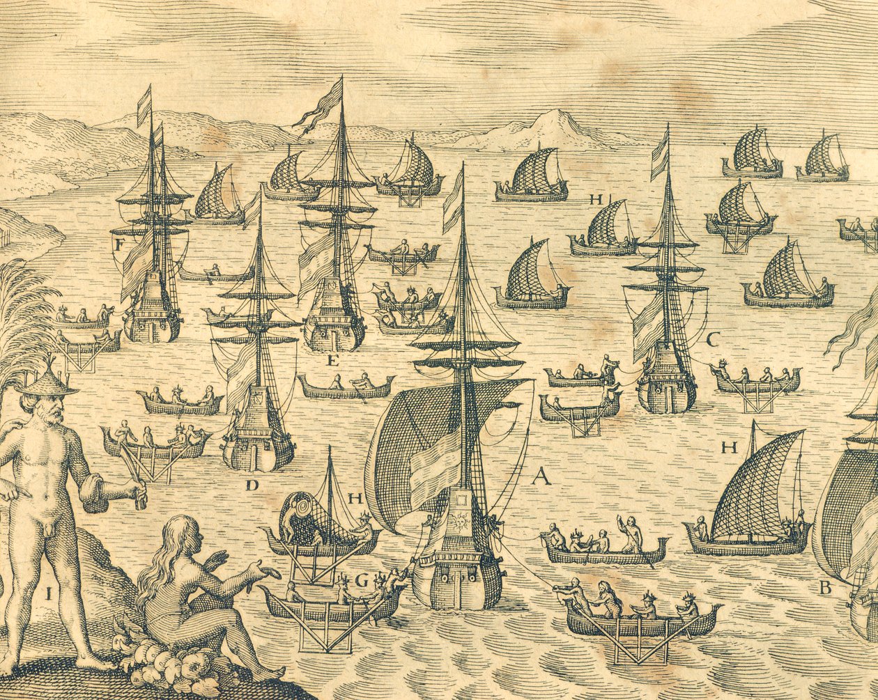 The Island of Thieves, kaiverrus teoksesta American History by Theodore de Bry, Pohjois-Amerikka 1700-luku. tekijältä Theodore de Bry
