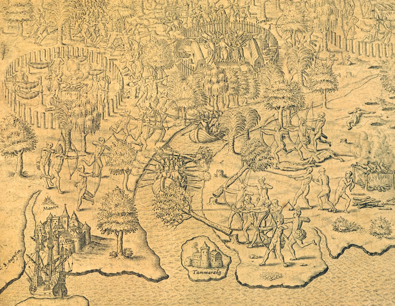 Portugalilaiset tunkeutuvat sisämaata kohti ja paikallinen heimo hyökkää heidän kimppuunsa tekijältä Theodore de Bry