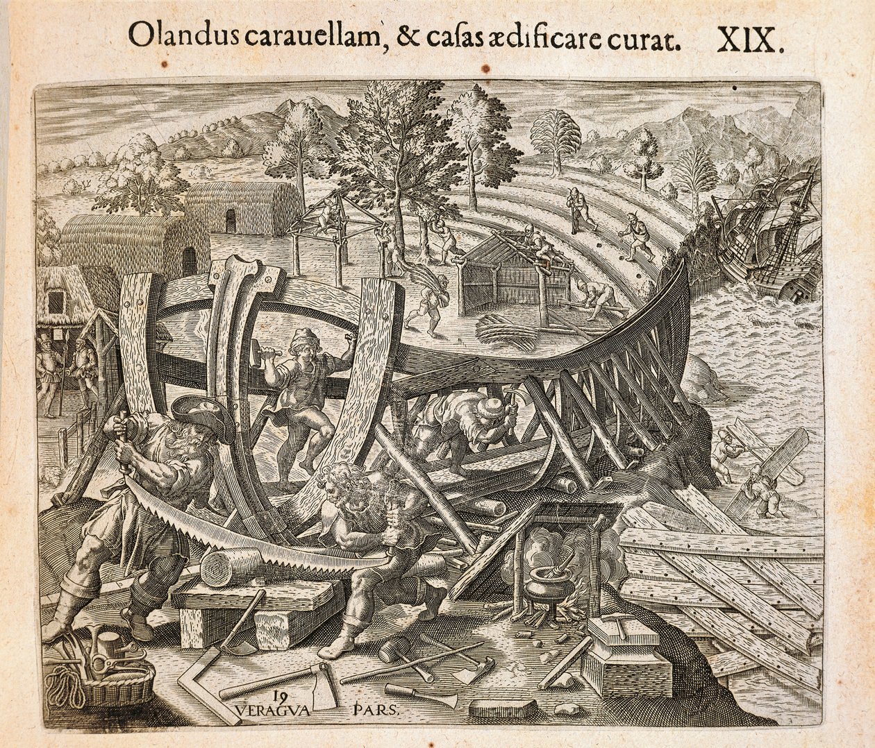 Espanjalaiset rakentavat ensimmäistä laivaansa uudessa maailmassa, kaiverrus Theodor de Bry (1528-1598) Amerikasta tekijältä Theodore de Bry