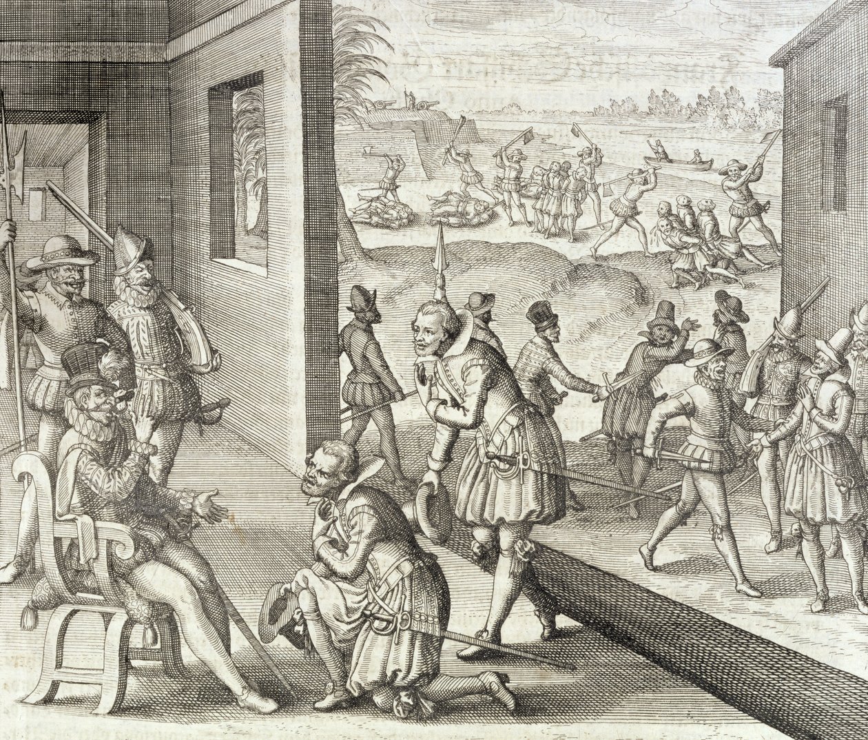 Espanjalaiset valloittavat Fort Carolinen vuonna 1565, Johann Ludwig Gottfriedin teoksesta 