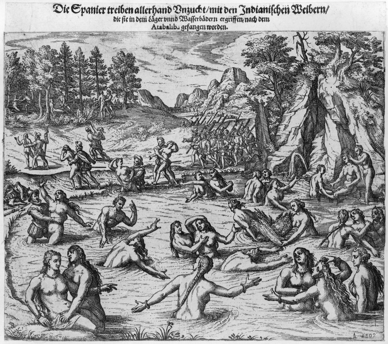 Espanjalaiset pahoinpitelivät intialaisia naisia kuningas Atahualpan (n. 1502-33) vangitsemisen jälkeen vuonna 1532 tekijältä Theodore de Bry