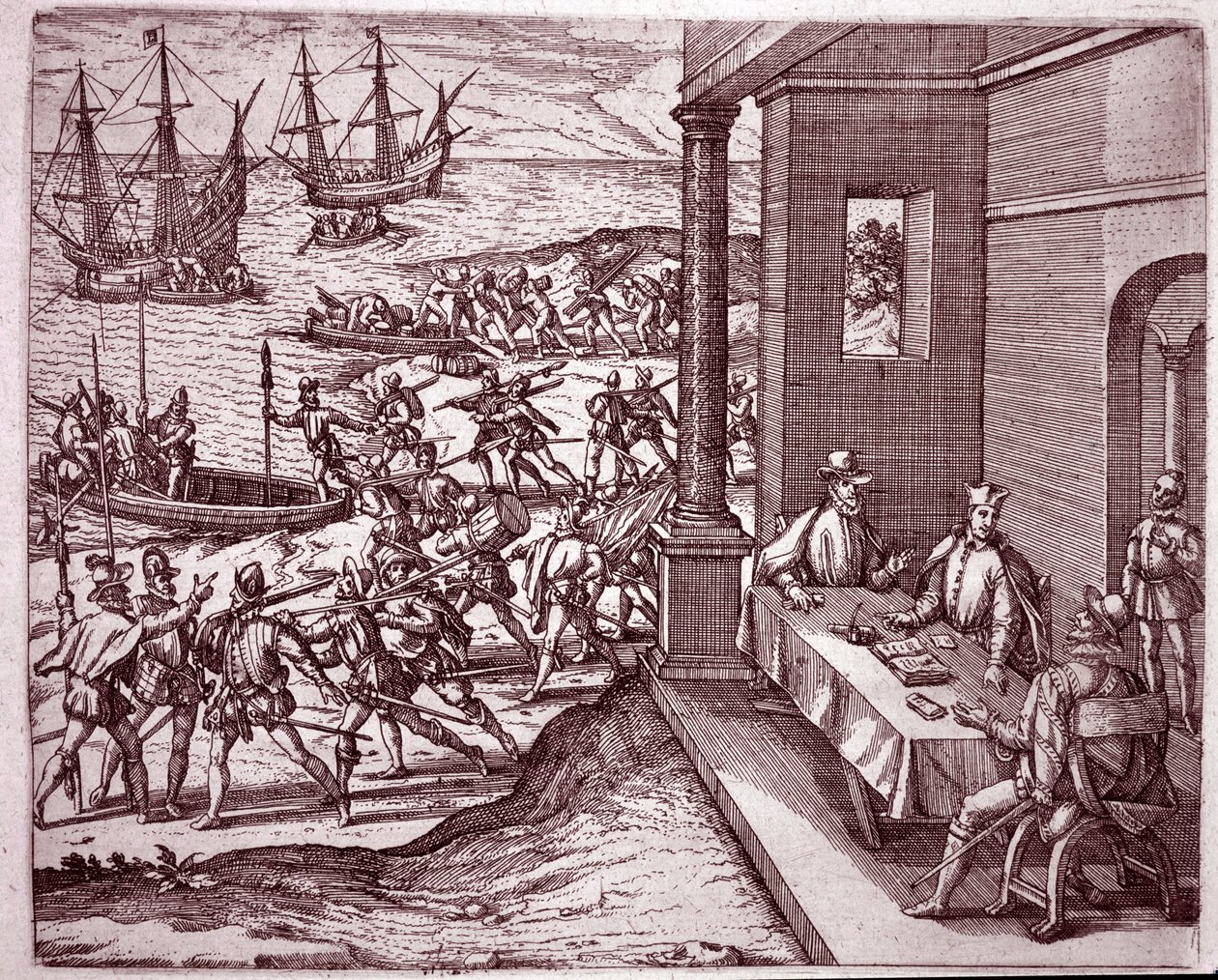 Espanjalaiset valloittajat Francisco Pizarro, Diego de Almagro ja Hernando de Luque yhdistivät voimansa valloittaakseen Perun (kaiverrus tekijältä Theodore de Bry