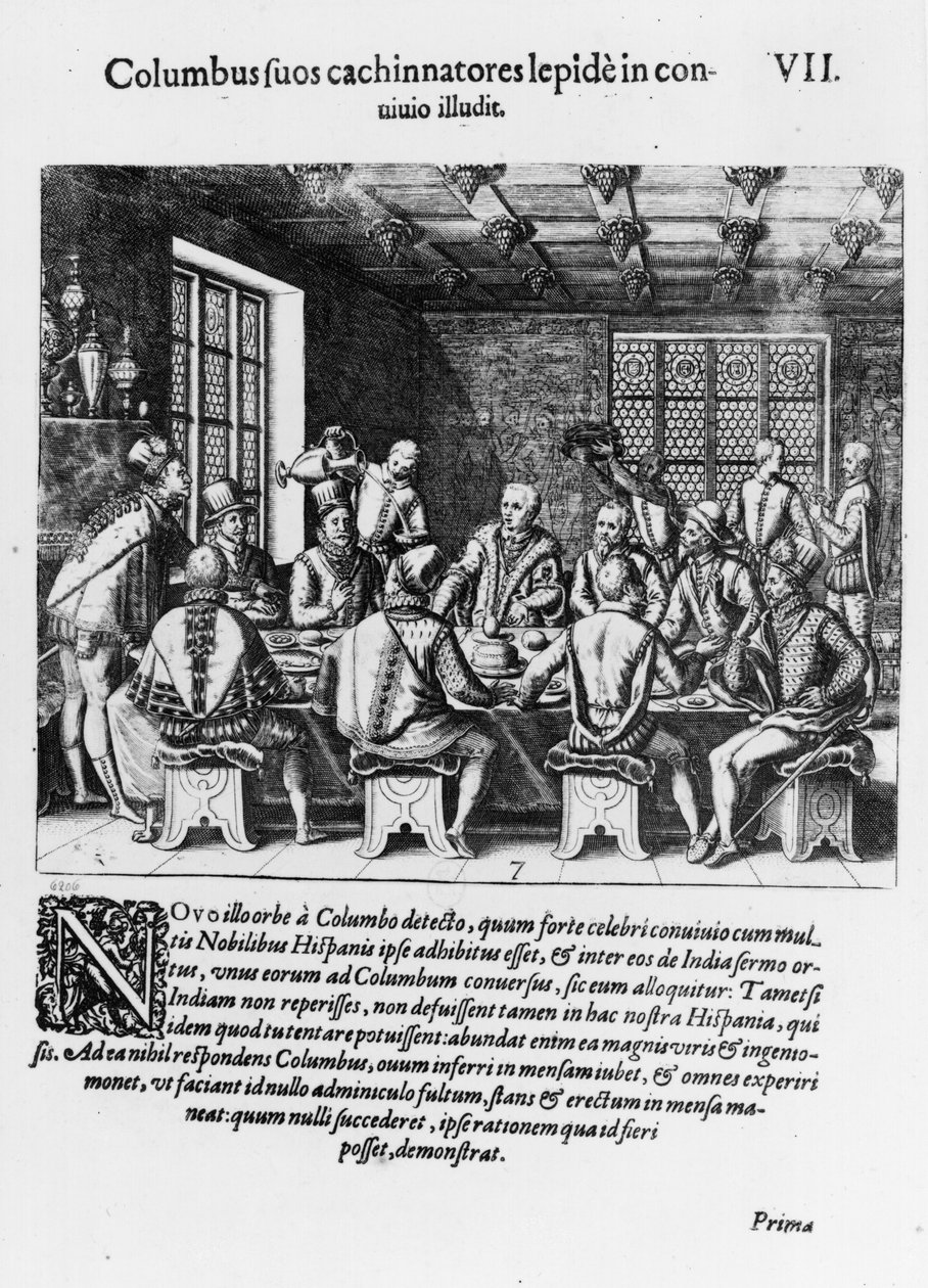 Christopher Columbuksen (1450-1506) munan tarina 1585-88 (kaiverrus) (bw kuva) tekijältä Theodore de Bry