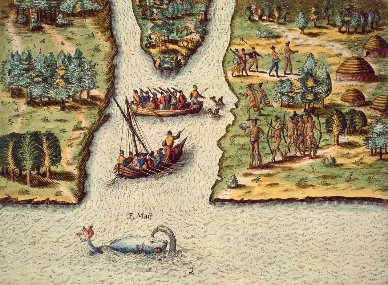 Ranskalaisten saapuminen, Theodore de Bryn (1528-1598) kaiverrus Floridan keskustelusta. tekijältä Theodore de Bry