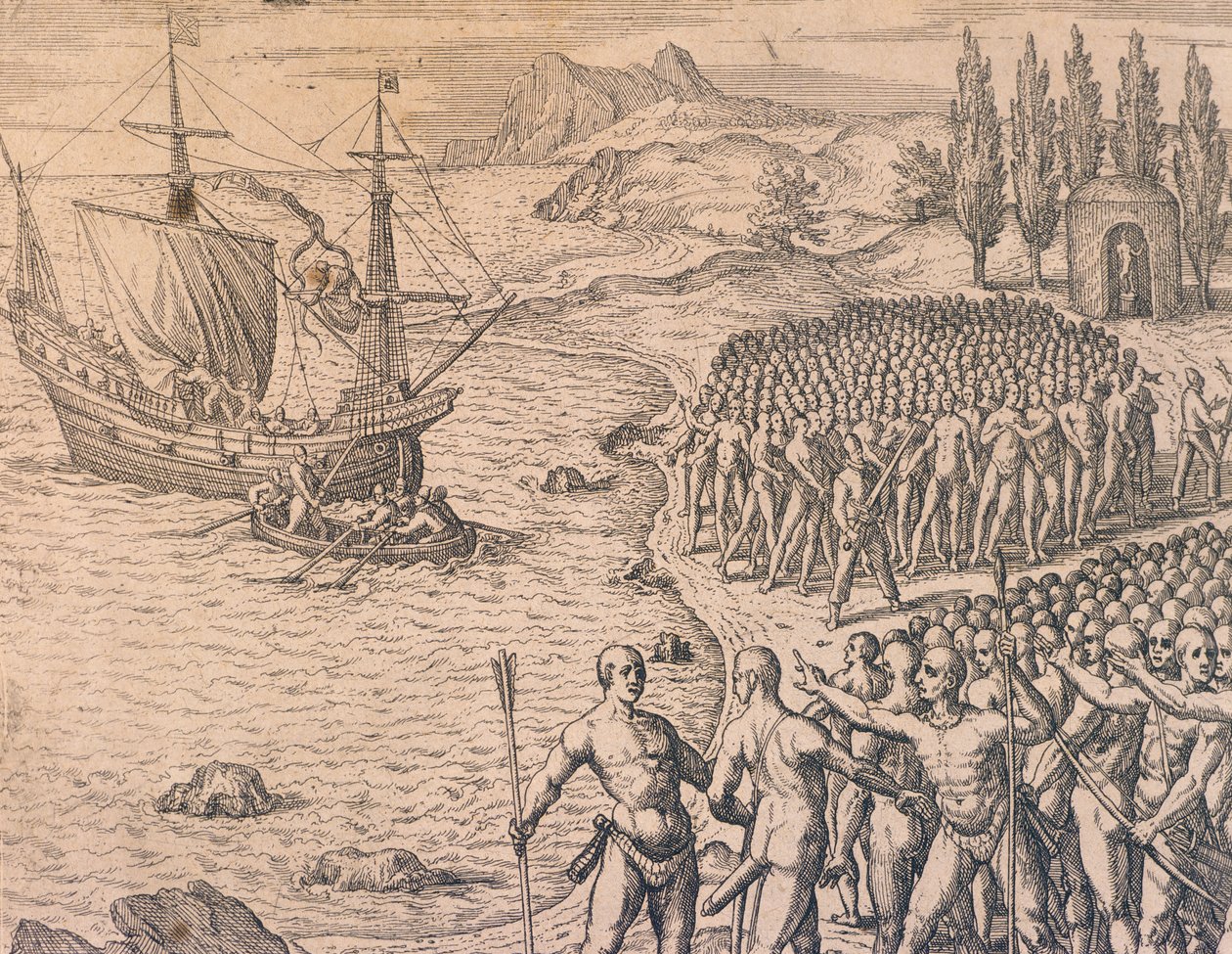 Portugalilaisten saapuminen Peruun tekijältä Theodore de Bry