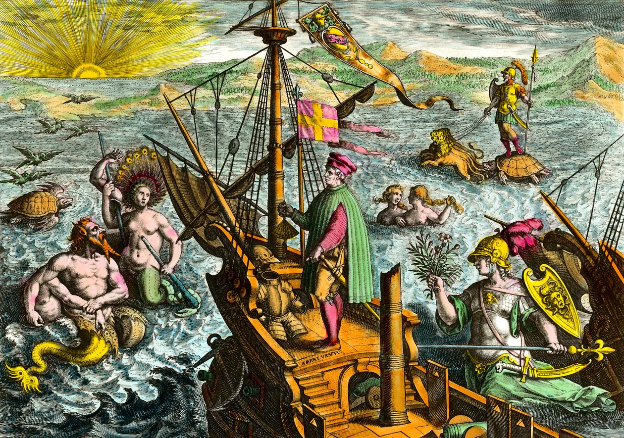 Italialaisen navigaattorin Amerigo Vespuccin (1454 - 1512) vene tekijältä Theodore de Bry