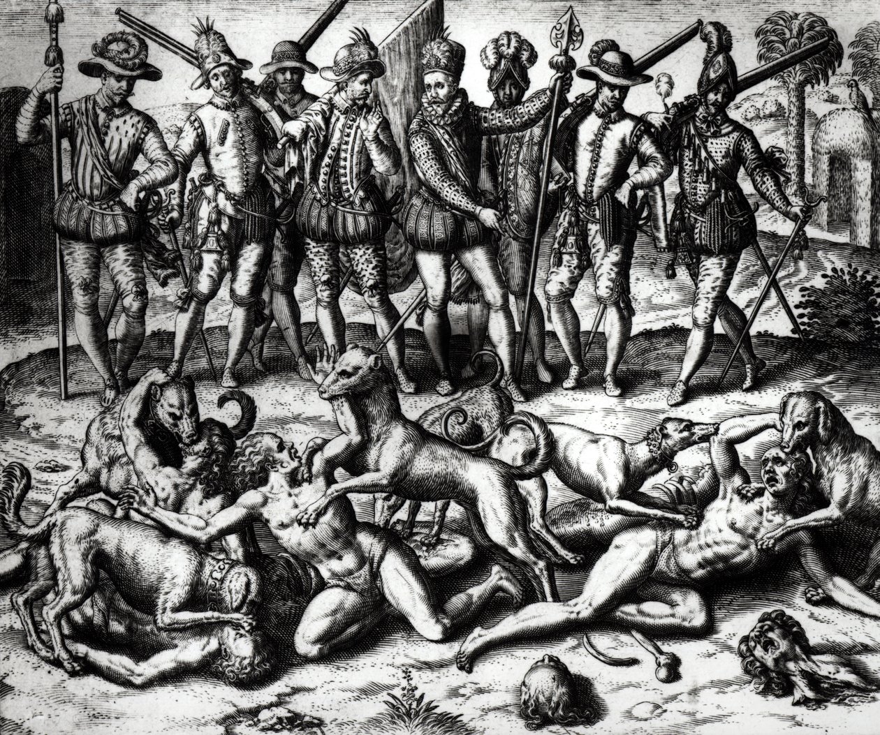 Vasco Nunez de Balboan (1475-1571) koirat hyökkäävät intiaanien kimppuun tekijältä Theodore de Bry