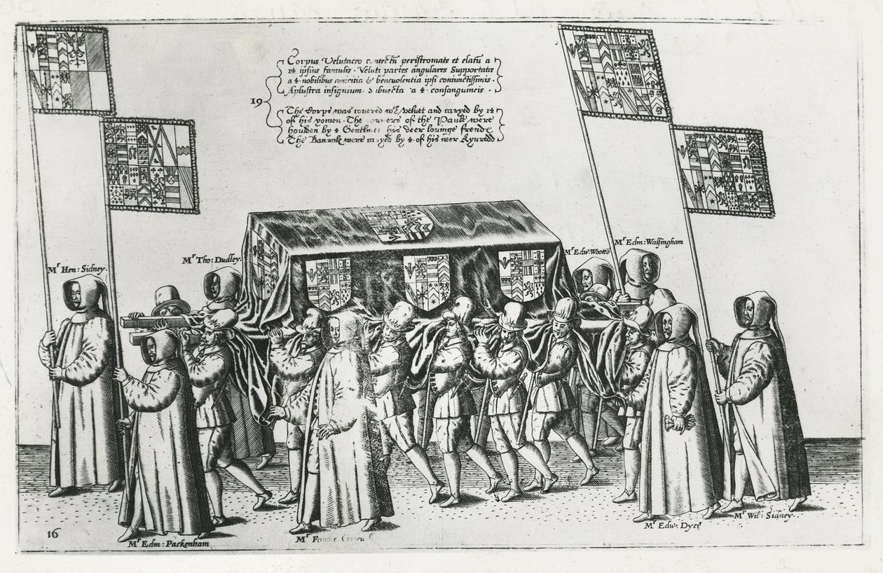 Sir Philip Sidneyn hautauskortegio matkalla St. Paulin katedraaliin, 1587 tekijältä Theodore de Bry