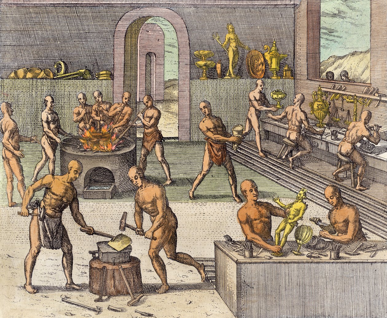 Atahualpan kultaseppien työpaja Quitossa, Girolamo Benzonin kertomuksesta, Johann Ludwig Gottfriedin teoksesta "Newe Welt und Americanische Historien", julkaisija Mattaeus Merian, Frankfurt, tekijältä Theodore de Bry