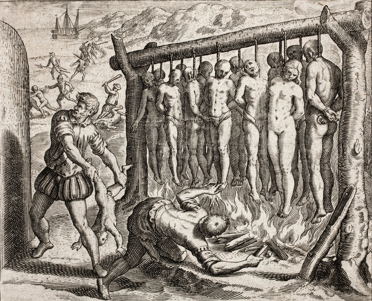 Kolmetoista hirtettyä ja poltettua uhria, kuvaus rikoksista, joita espanjalaiset siirtokunnat tekivät intiaaneille kirjoittanut Bartolome de las Casas (kaiverrus) tekijältä Theodore de Bry