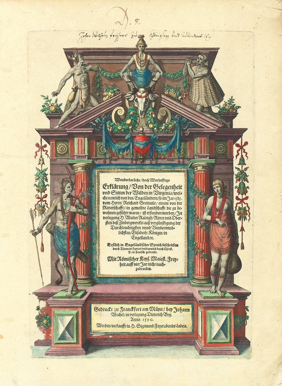 "Great Voyages: America", 1590, ensimmäisen osan saksankielisen ensimmäisen painoksen nimisivu tekijältä Theodore de Bry