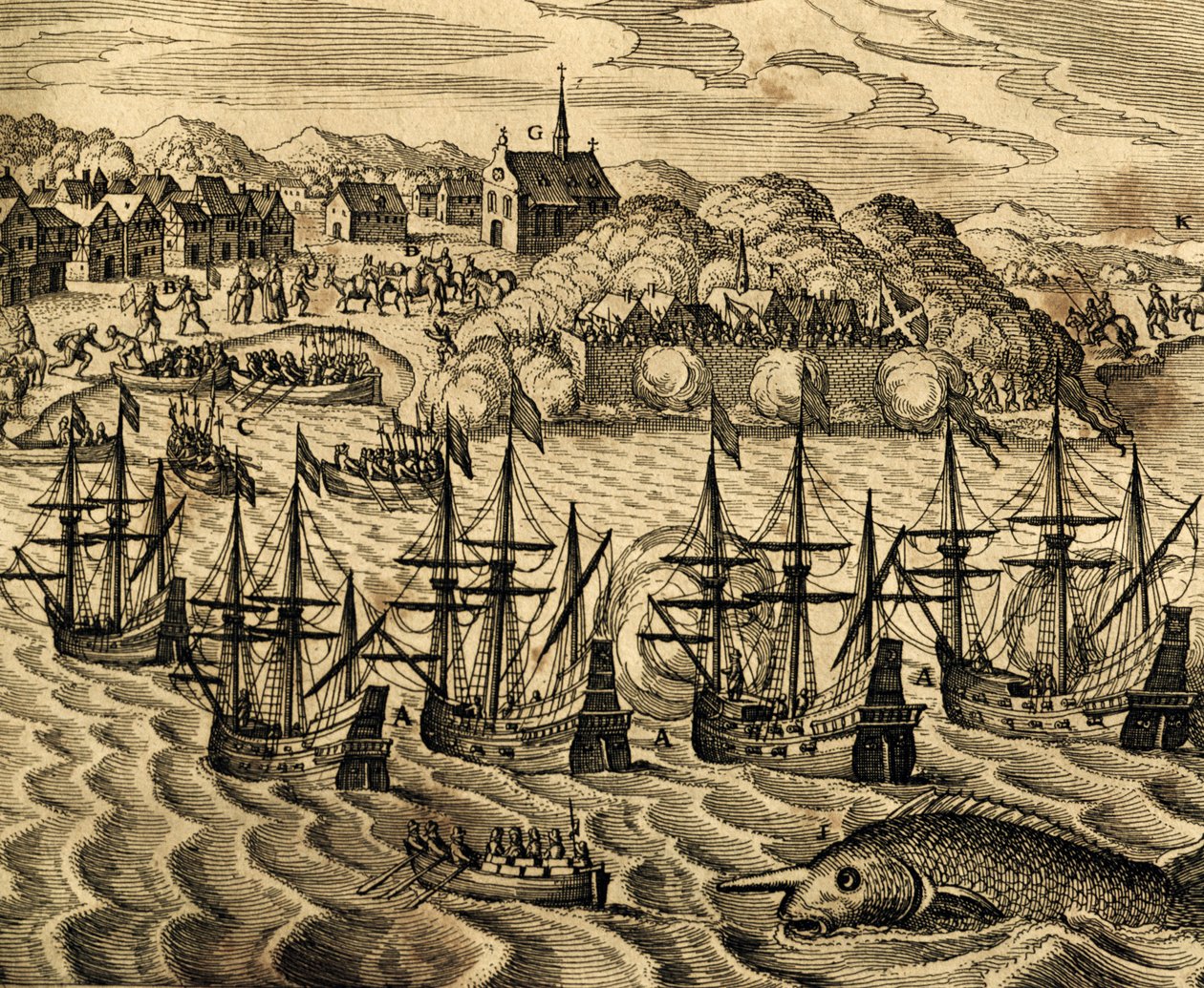 Näkymä Acapulcon satamasta Meksikossa, kaiverrus Historia Americaesta, kirjoittanut Theodor de Bry (1528-1598), Frankfurt tekijältä Theodore de Bry