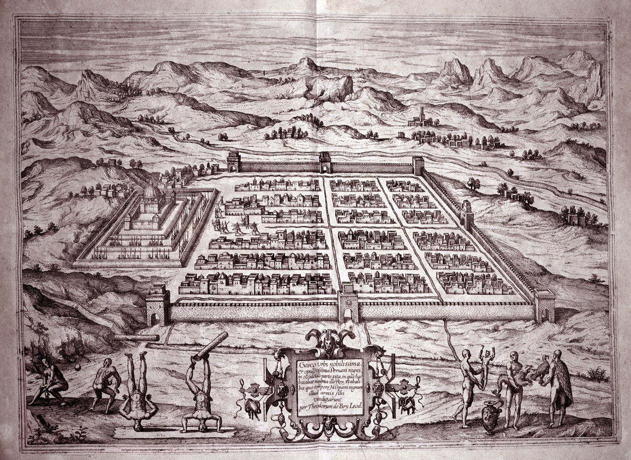 Näkymä Cuzcon inkakaupunkiin, Peru (kaiverrus tekijältä Theodore de Bry